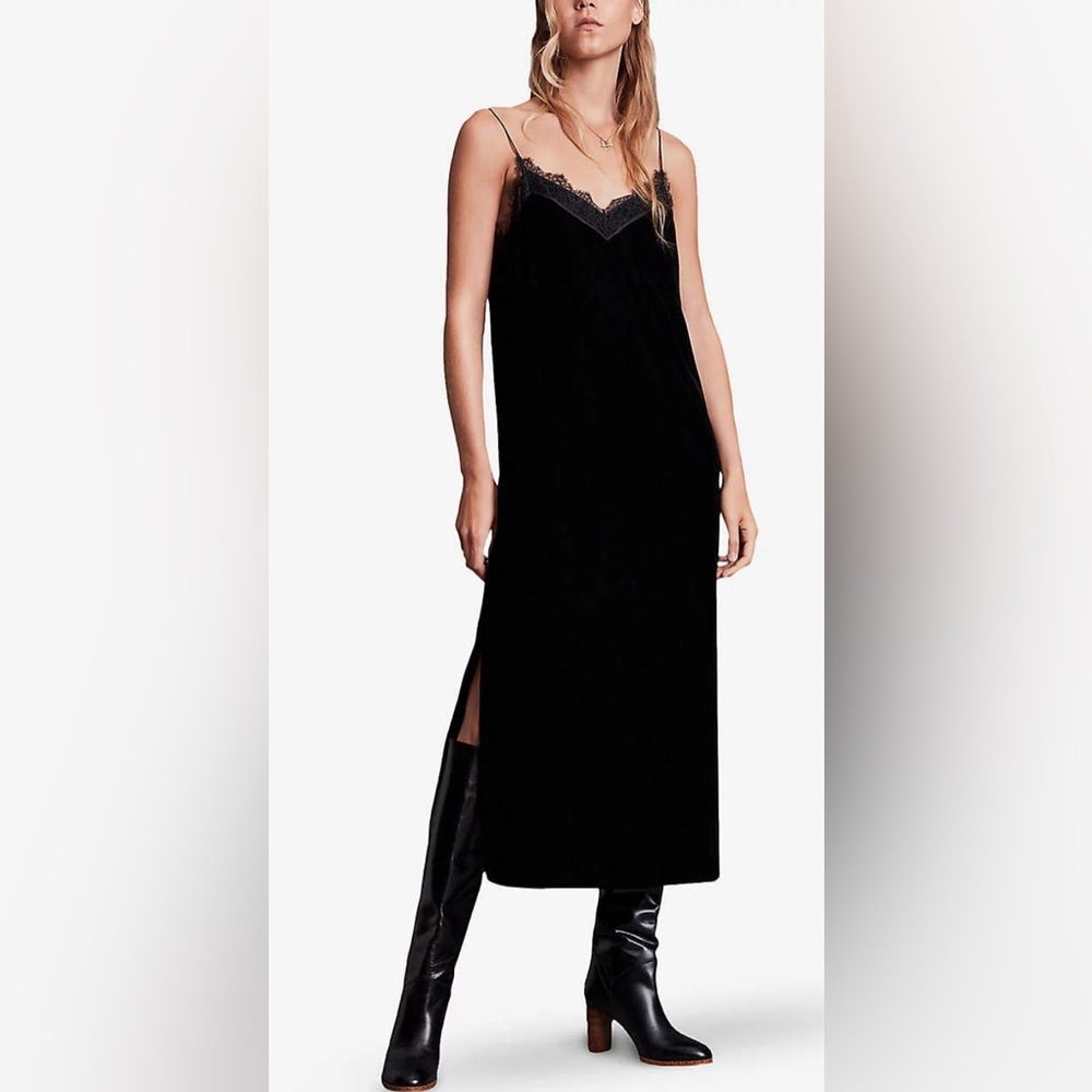 AllSaints Noa Velvet Slip Dress Size 4 Black Slits Lace Cocktail Lined